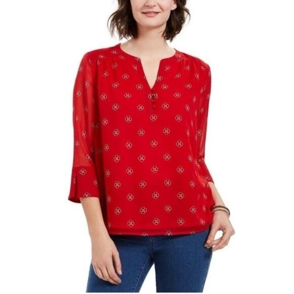 Charter Club Red Floral Print Split-Neck Top With 3/4 Sleeves Womens L Polyester - Picture 1 of 9